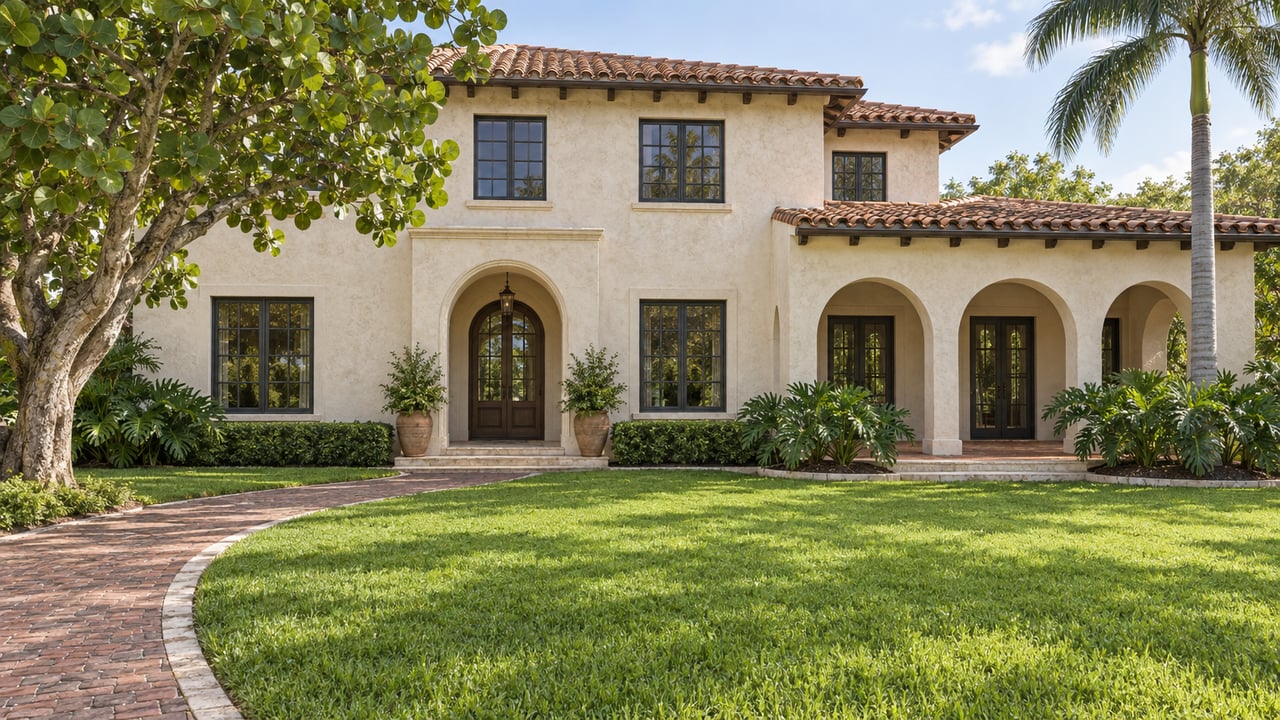 Clay-roofed stucco villa with divided-light windows, an arched loggia and a deep tropical garden lawn.