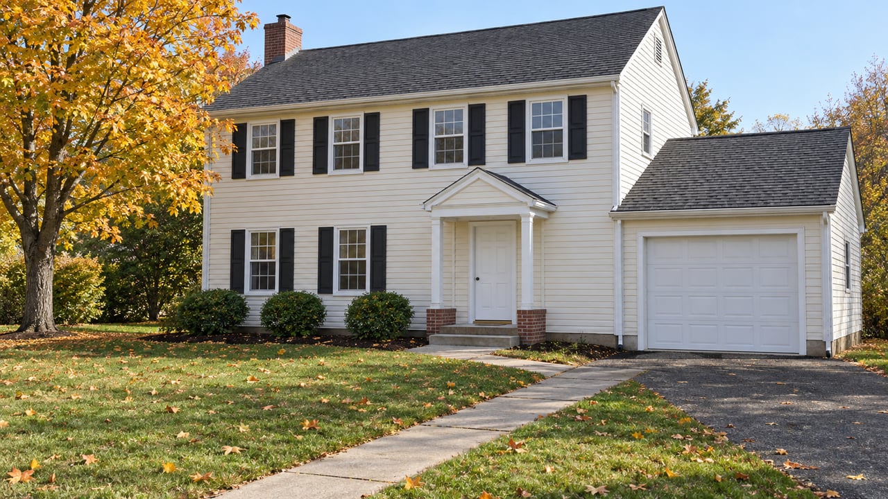 Cream-sided colonial with a brick entry, white garage, broad front lawn, and a mature maple turning gold in autumn sunlight.