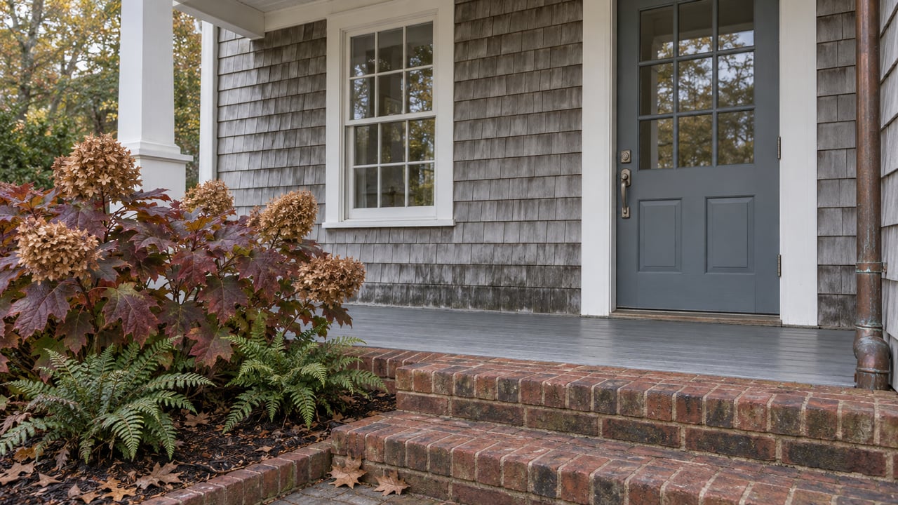 Weathered cedar-shingle cottage entry with a blue-gray glazed door, white porch trim, brick steps and burgundy oakleaf hydrangea.