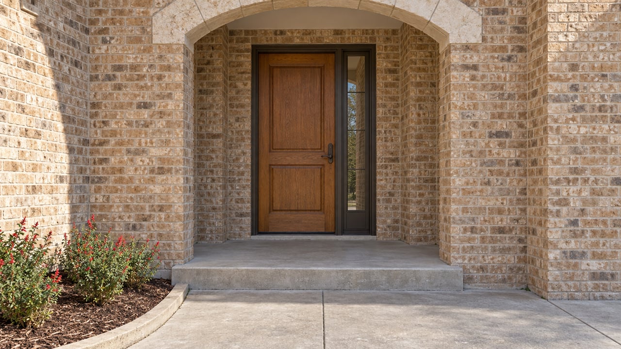 Buff-brick home entrance with a limestone arch, warm wooden door and brushed-concrete steps beside red-flowering sage.