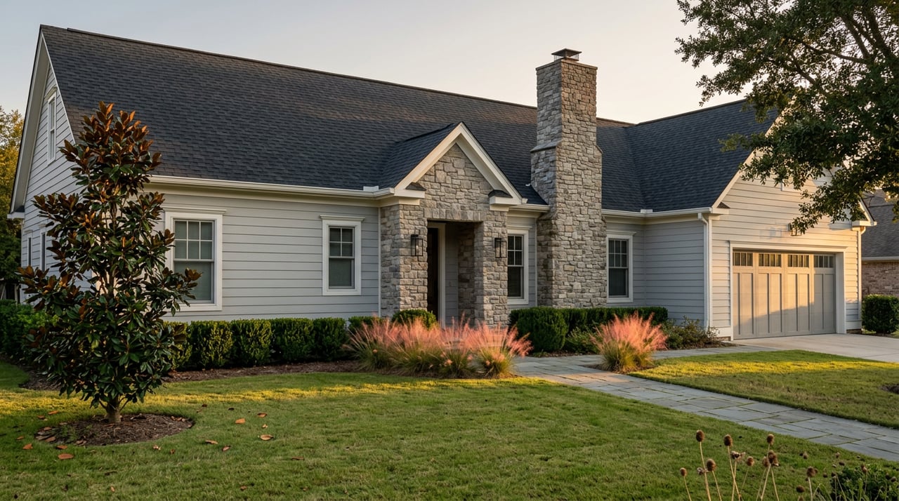 Two-story dove-gray home with a stone entry, curved paver walkway, magnolia, and pink muhly grass.