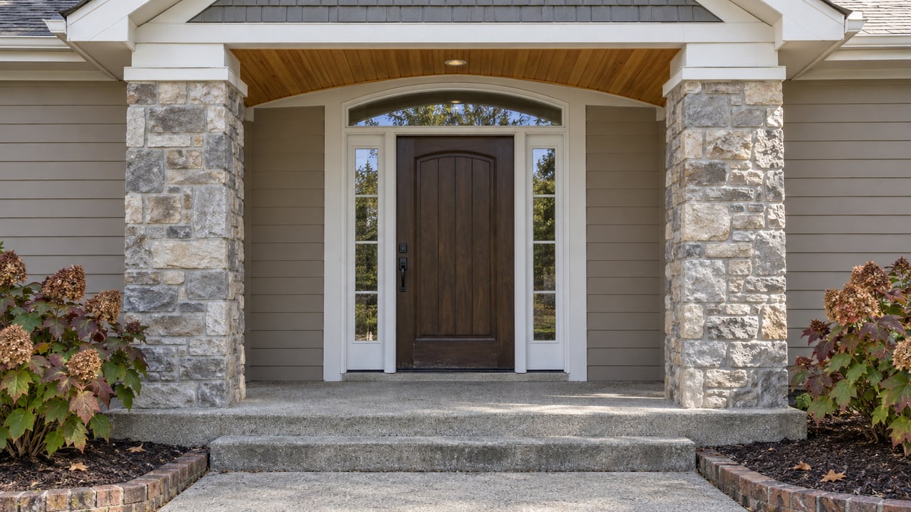 Home entrance with a dark wood door, stone pillars, and a covered porch.