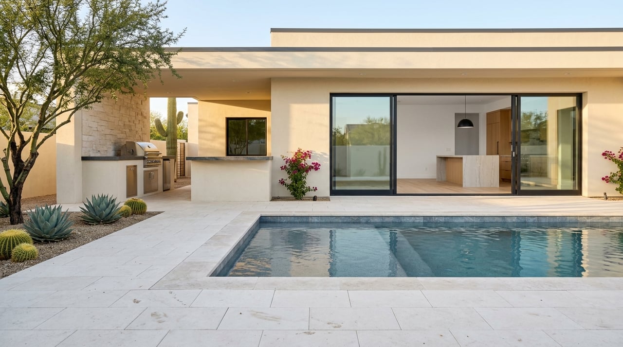 Desert patio with charcoal sliders, built-in barbecue, pool corner, and Sonoran plants in gravel.