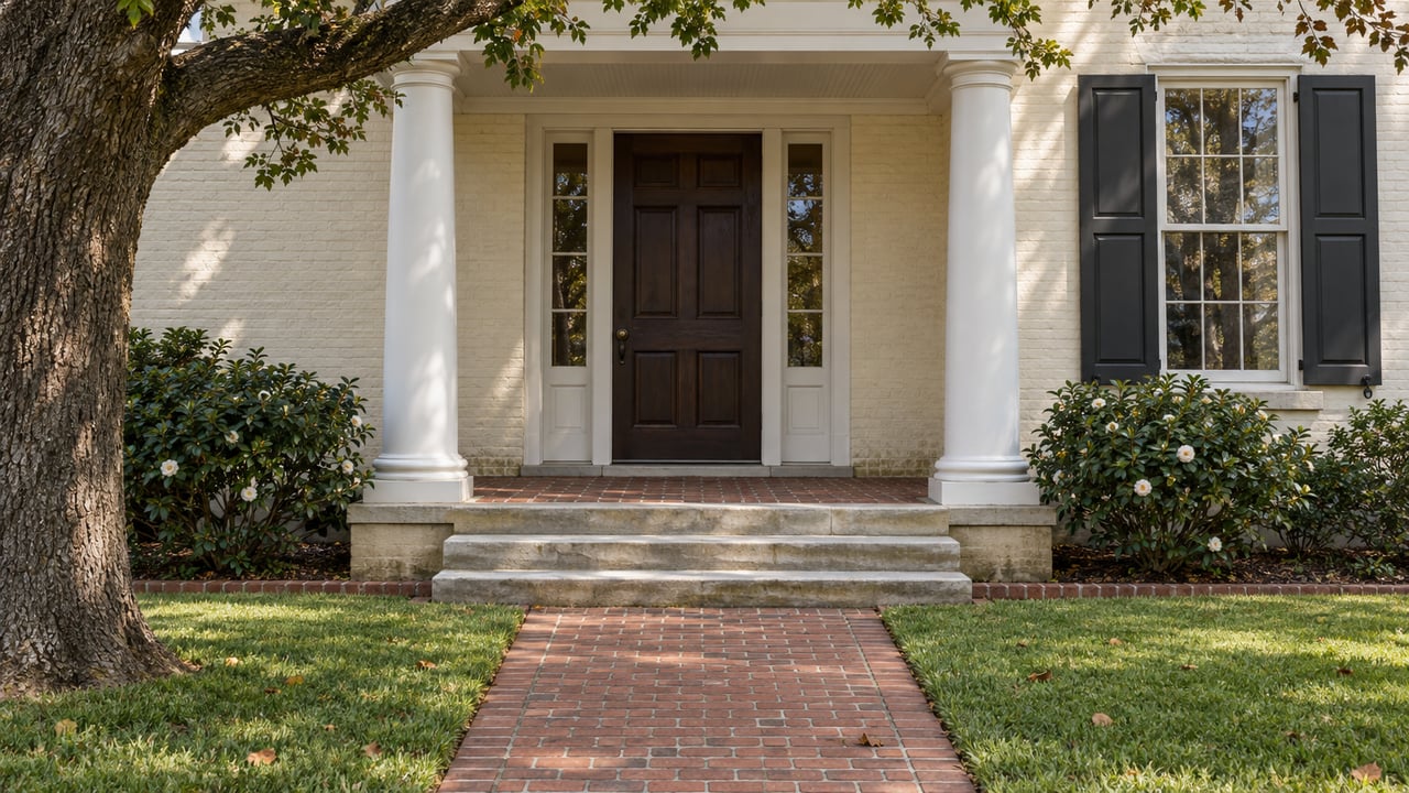 Ivory brick home with paired white porch columns, a dark timber door, worn limestone steps and a brick garden path beneath a mature live oak.