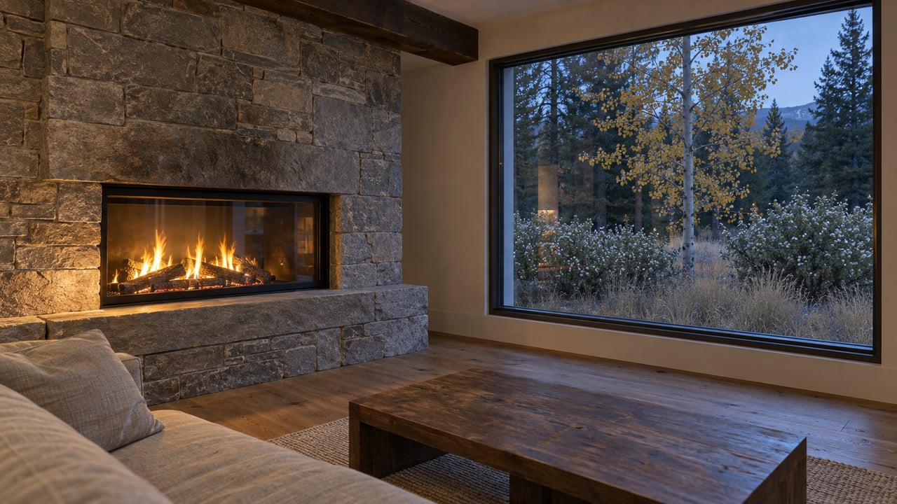 Living room fireplace beside a tall window reflecting blue dusk, with sparse yellow leaves outside.