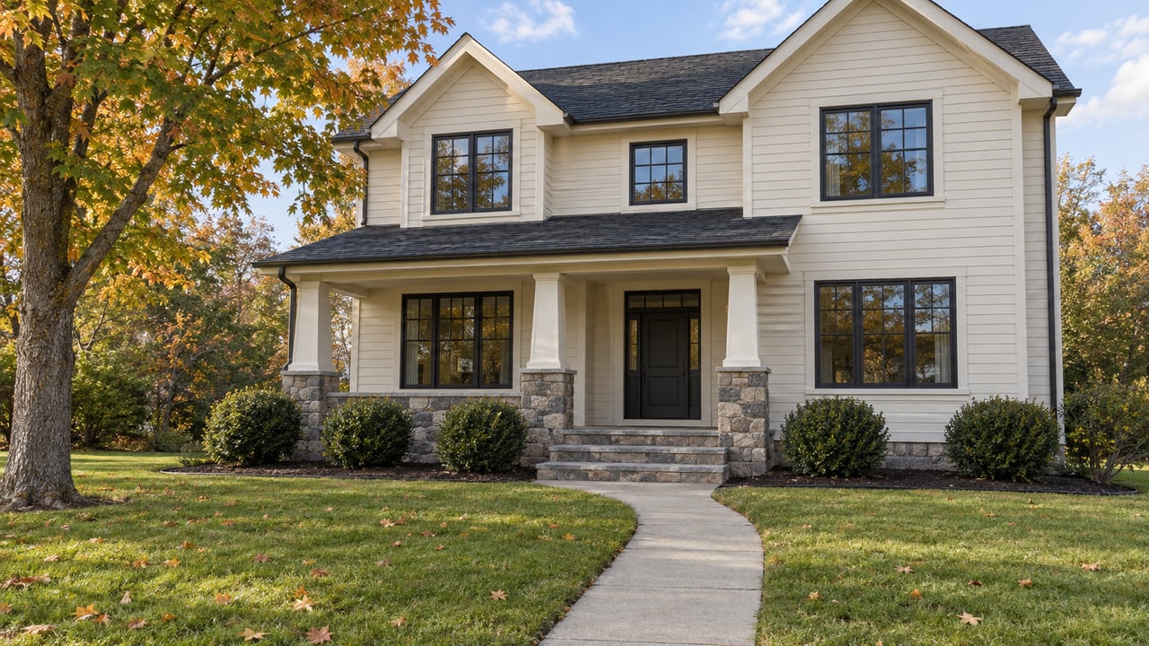 Cream clapboard home with two gables, a stone-based covered porch, a deep front lawn and an amber-leaved maple.