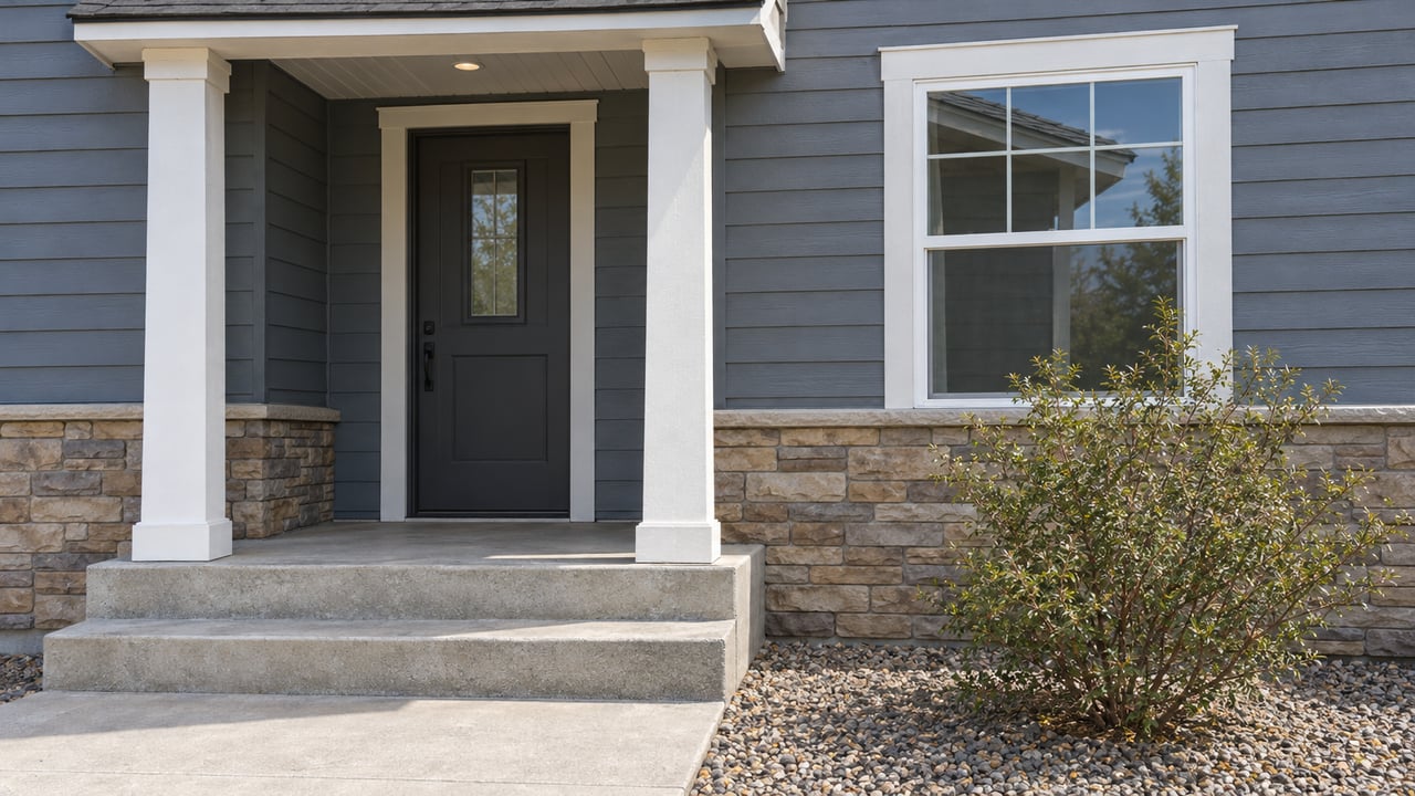 Recessed charcoal entry door and white-trimmed window in blue-gray siding above a buff stone base, with concrete porch steps and one mountain mahogany shrub.