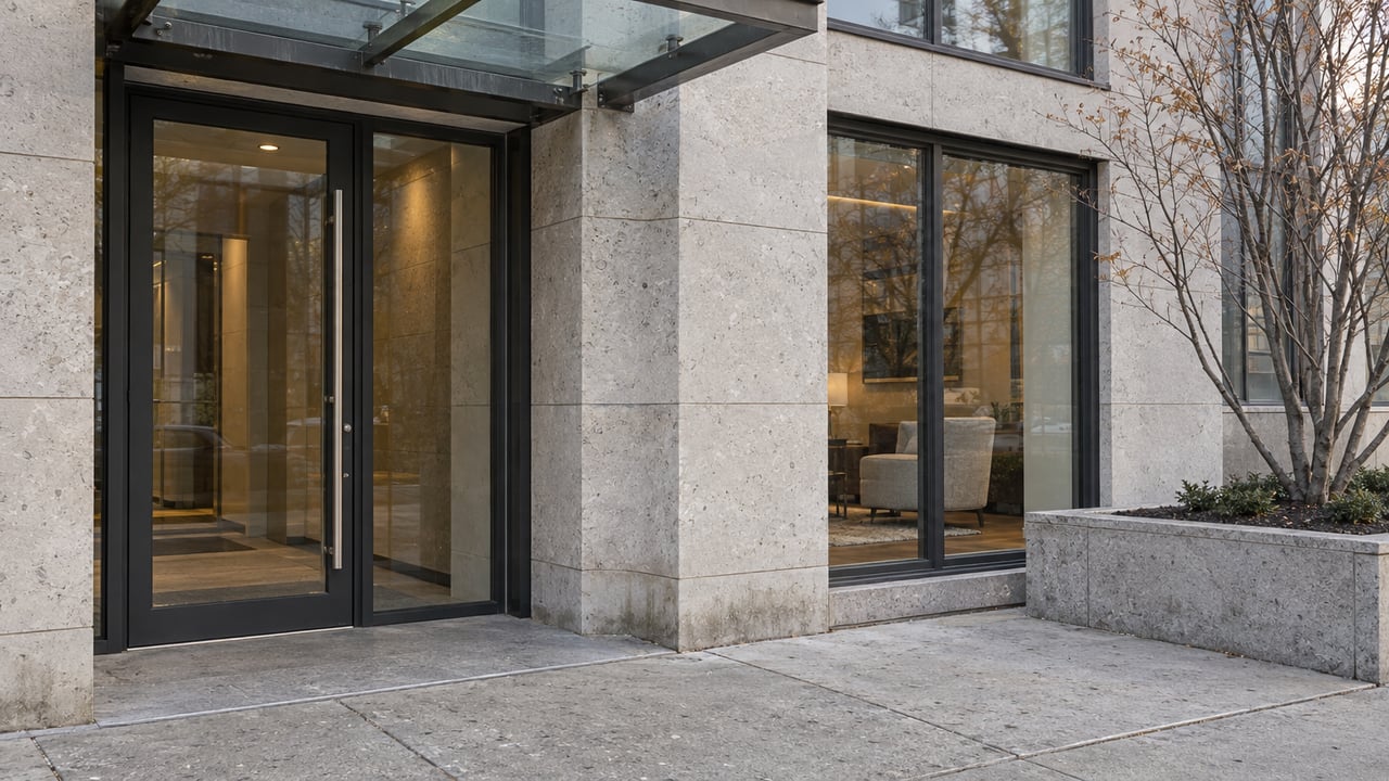 Glazed apartment entrance beneath a glass canopy, with gray limestone walls and a leafless serviceberry in a stone planter.