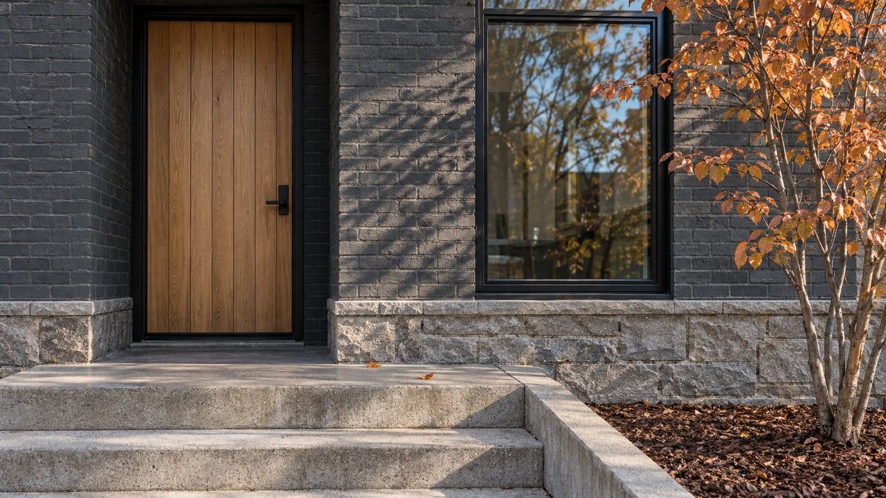 Close view of an oak entry door and black-framed window in a charcoal brick home, with stone steps and copper autumn serviceberry leaves.