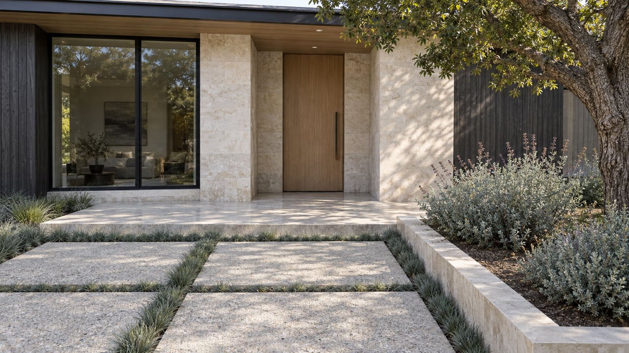 A recessed oak front door framed by pale limestone and charcoal timber, beside a mature oak and silver sage planting.