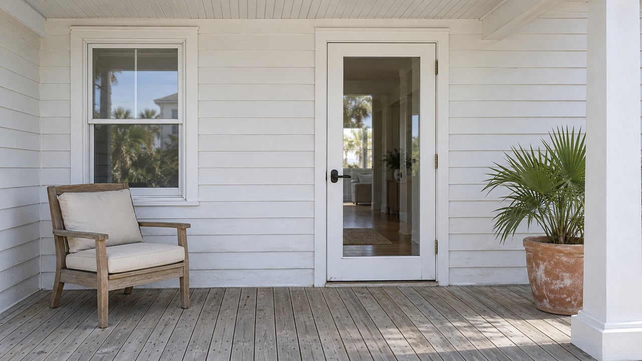 White-sided beach-house porch with weathered pine decking, a teak chair, glazed entry door, and a potted fan palm.