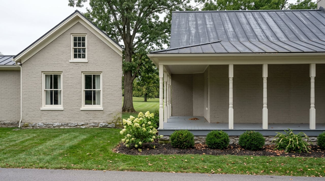 Brick home with wrap porch, white columns, charcoal gable roof, mature oak, and front lawn.