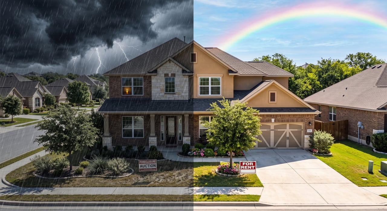 Two-story brick and stucco house with foreclosure auction and for rent signs beneath contrasting stormy and sunny skies.