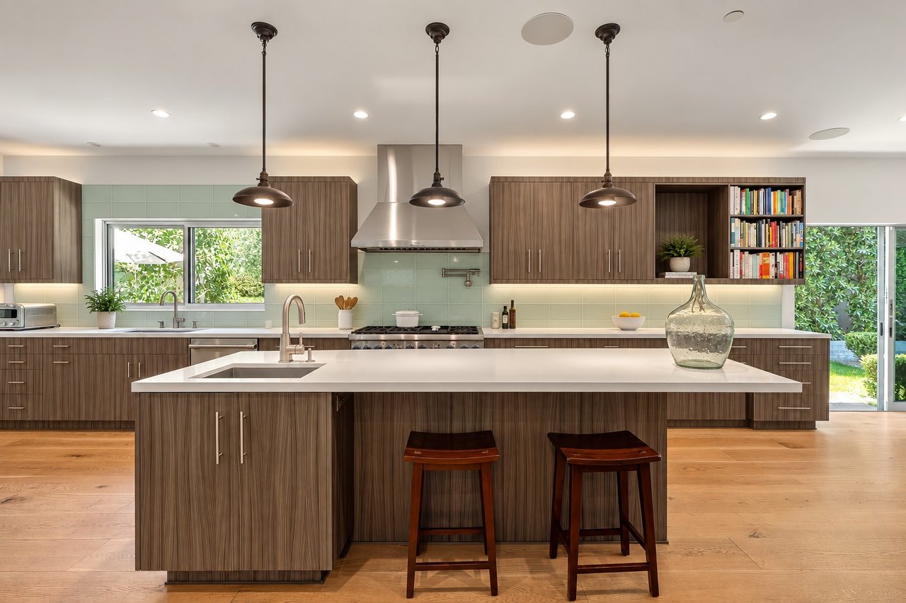 Modern kitchen with a large white island, dark wood cabinetry, and green tile backsplash.