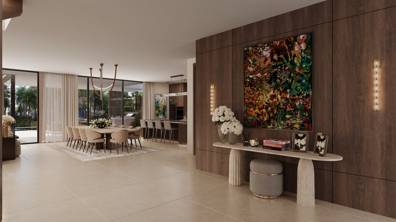 Open-plan dining area beside a dark wood accent wall, with floor-to-ceiling windows overlooking palms.