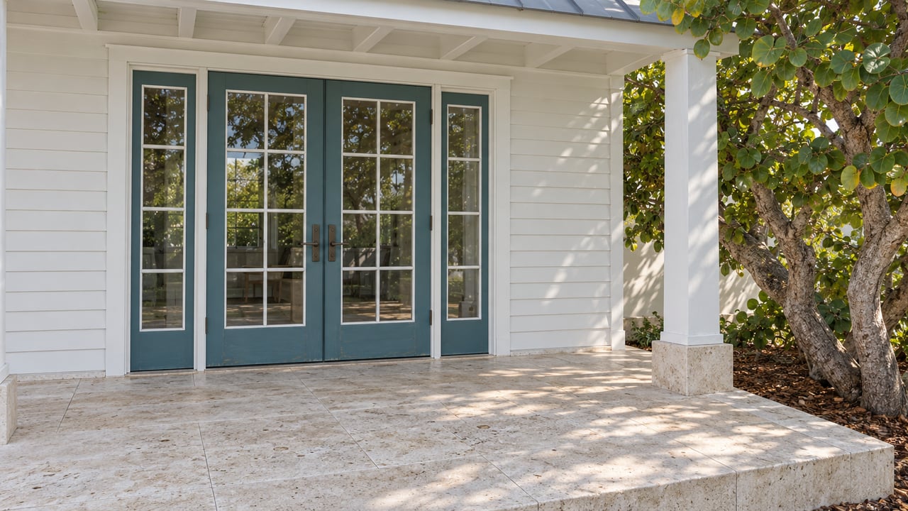 Teal French doors on a white clapboard home open onto a sunlit limestone terrace beside a mature sea-grape tree.