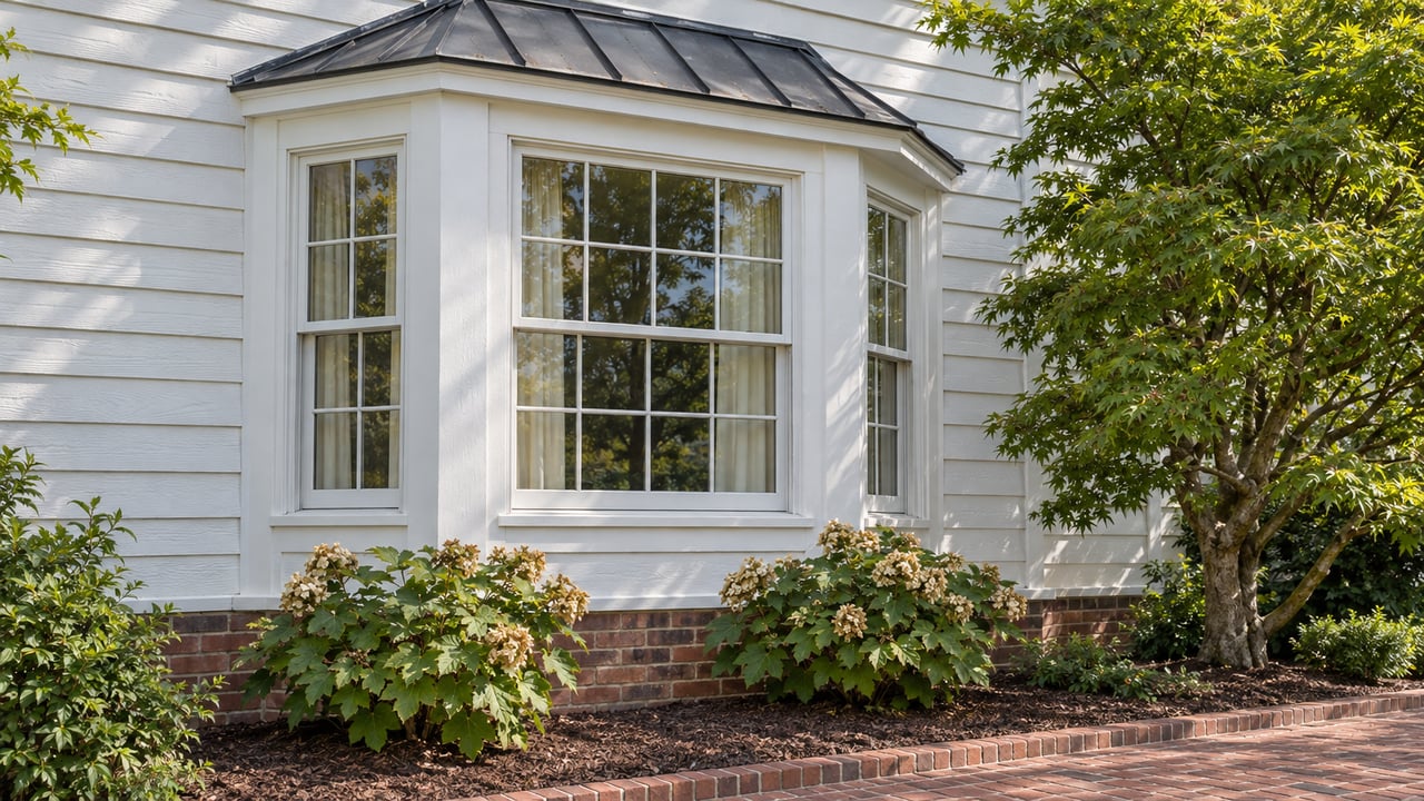 White clapboard home with a three-sided bay window, brick foundation and approach, oakleaf hydrangeas and a sculptural Japanese maple.