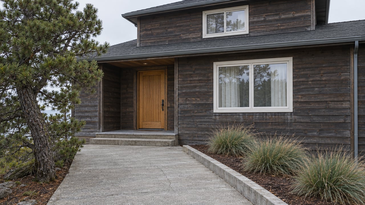Dark cedar house with white-framed windows, a warm timber entry door and a sloping concrete approach beside a sculptural pine.