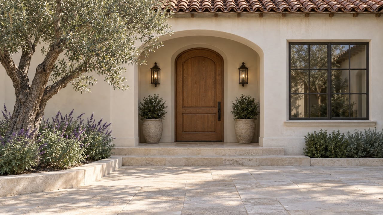 Cream stucco home with an arched oak entry, terracotta roof tiles, limestone steps, and a sculptural olive tree.