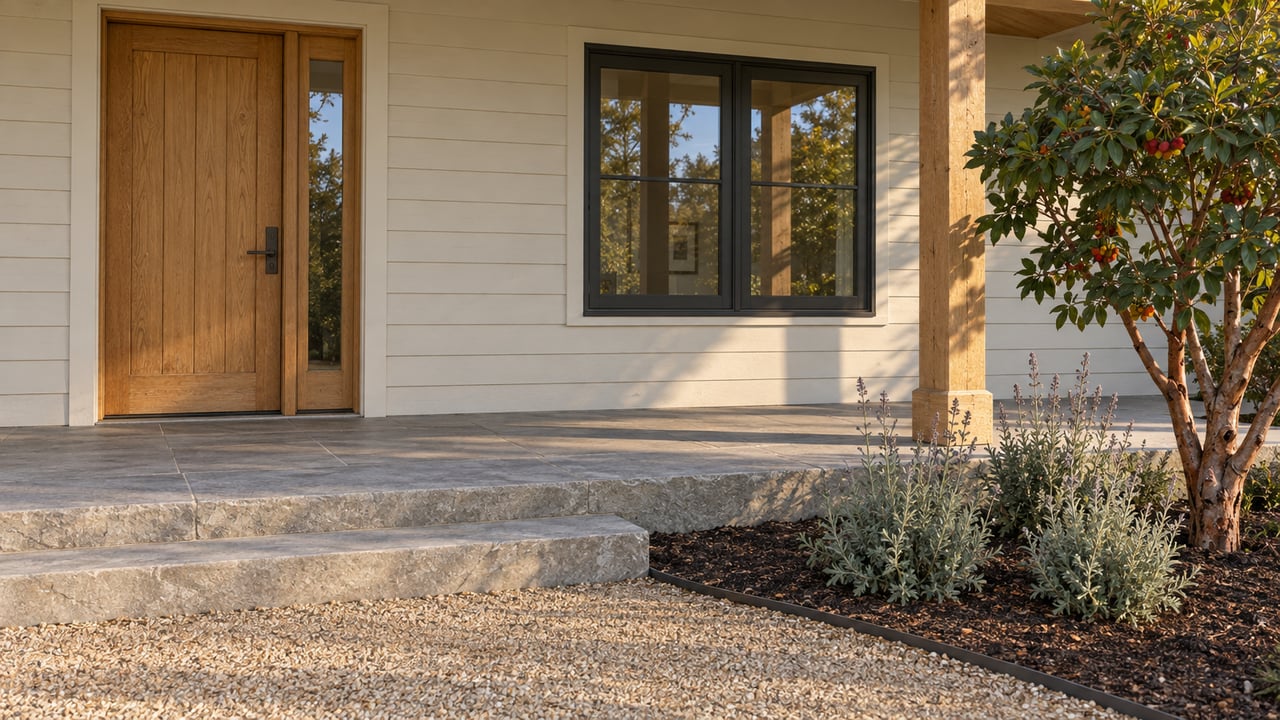 Cream timber-sided home with an oak entry door, dark-framed window, limestone porch steps, and a sculptural tree beside a gravel approach.