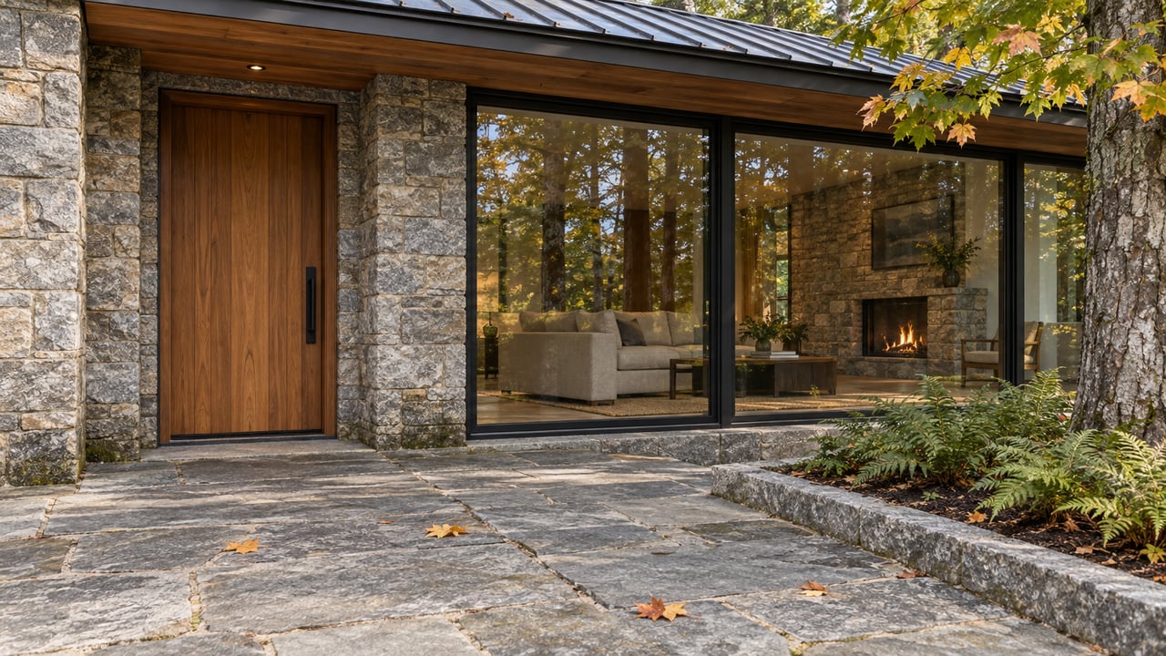 Timber cottage entry beside black-framed living-room glazing, with a granite terrace and autumn maple foliage.