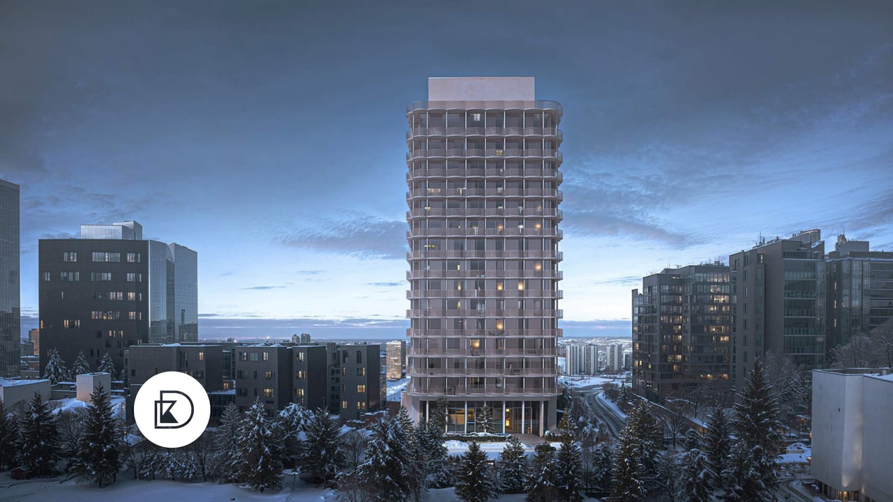 Winter exterior rendering of a new proposed development in the community of Mission, Calgary. 