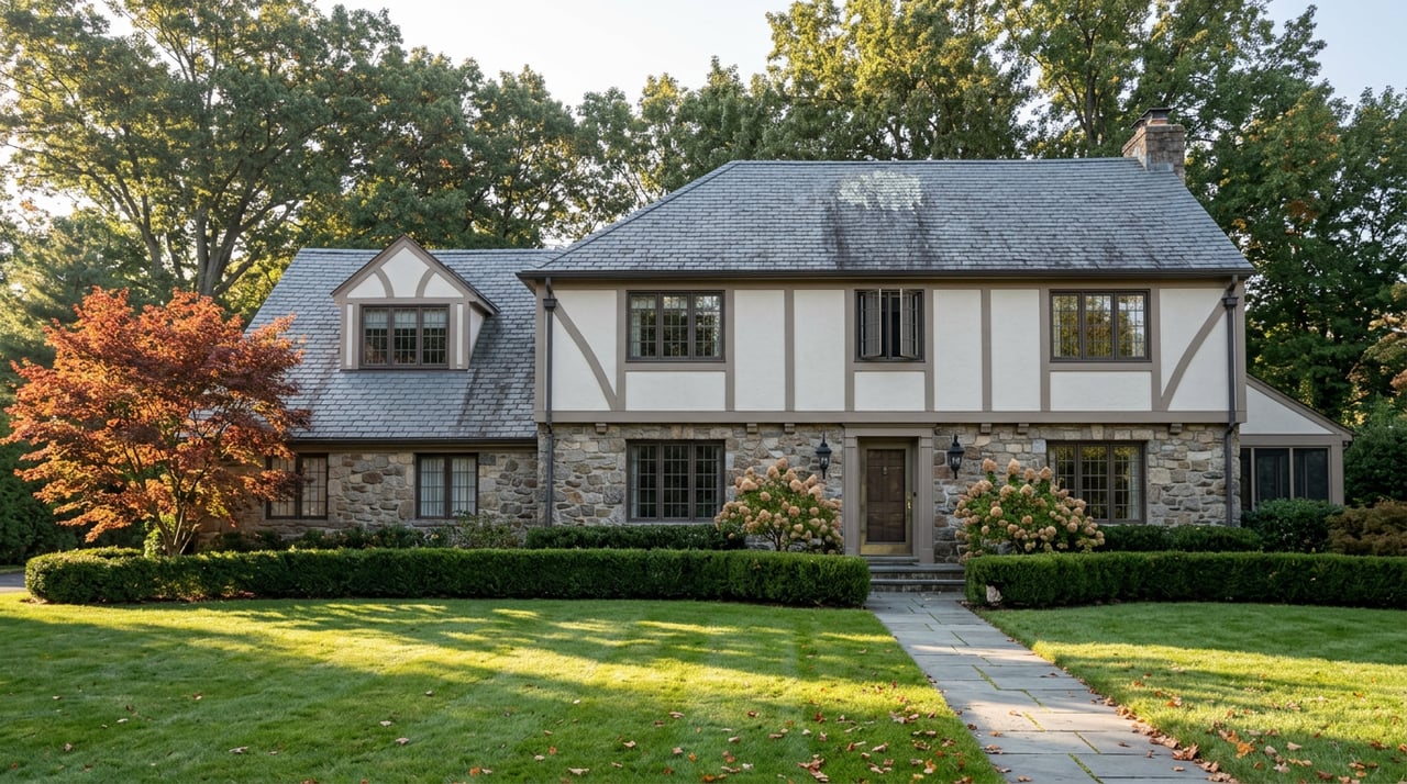 Two-story stone-and-stucco home with dark timbering, red-orange maple, clipped hedge, and bluestone walk.