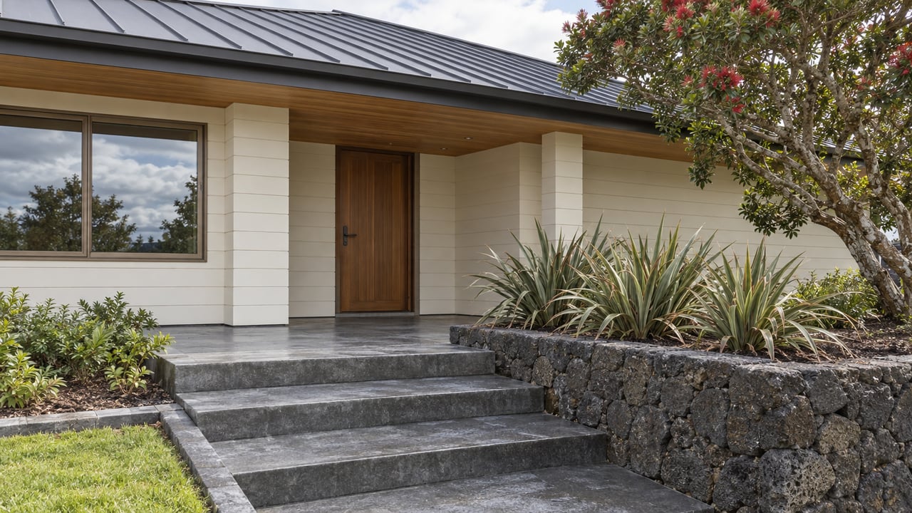Covered residential entry with ivory timber siding, a wood door, pale basalt steps and dark stone retaining wall beside a mature flowering tree.