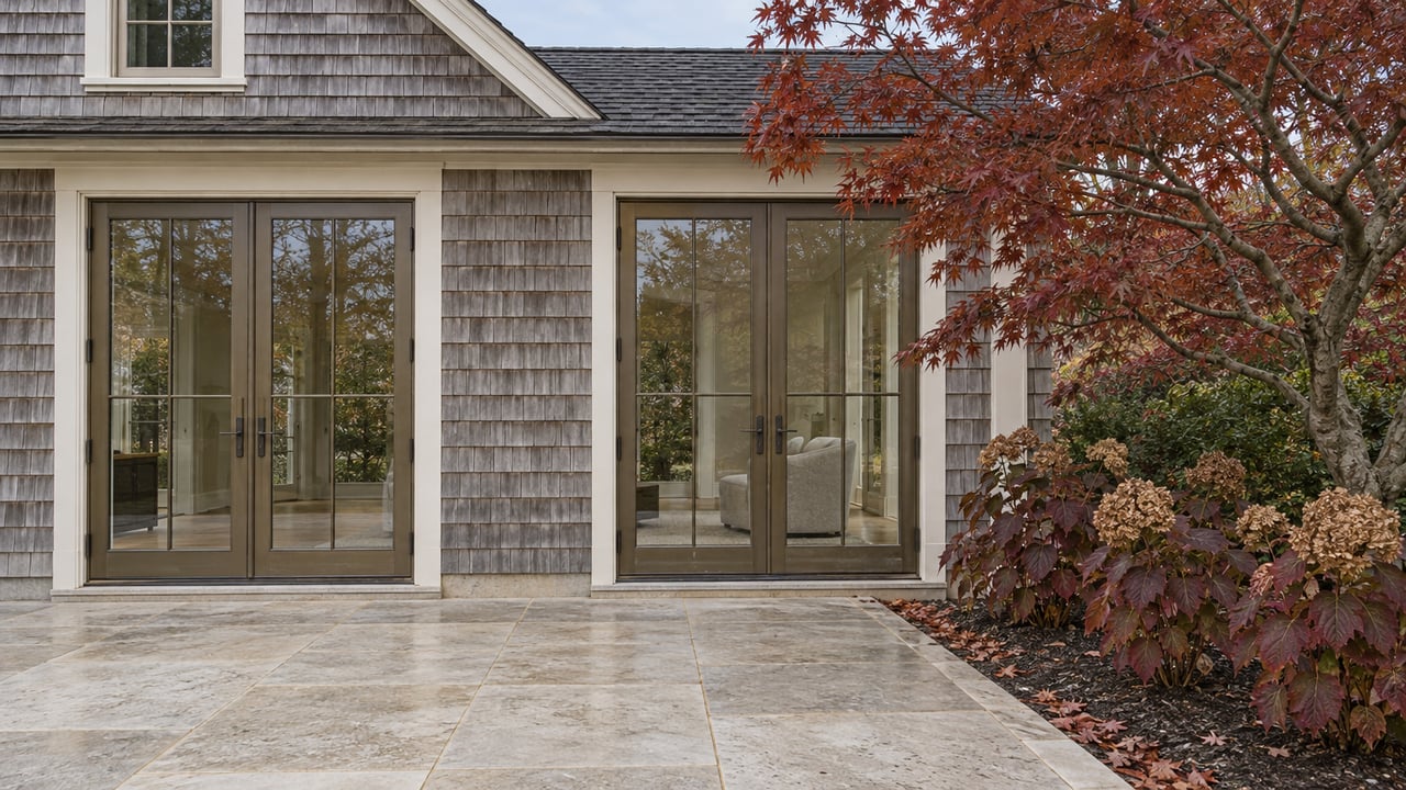 Weathered cedar-shingle home with bronze-framed glass doors, a limestone terrace and copper-red autumn maple foliage.