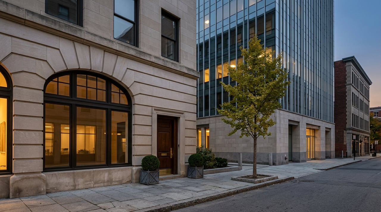 Limestone storefront with an arched window and gold-leaved ginkgo, backed by a glass tower at dusk.
