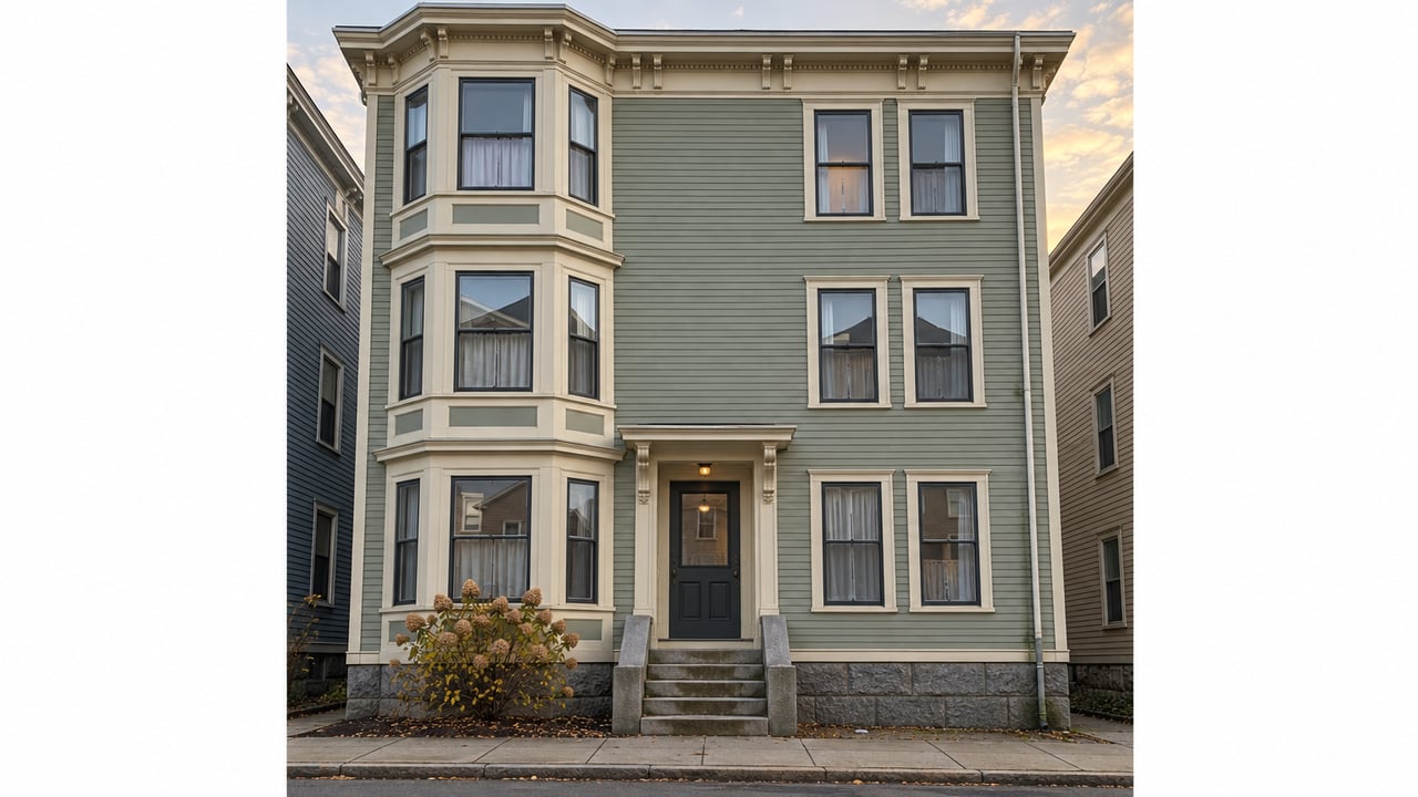 Three-story sage-gray clapboard house with projecting bay windows, a recessed entrance, concrete steps, and a sparse hydrangea.