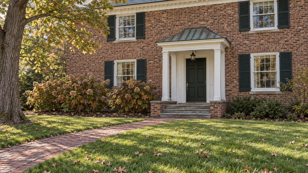 Detached red-brick home with white sash windows, a copper-roofed entry porch, brick walk and autumn oakleaf hydrangeas beyond a deep lawn.
