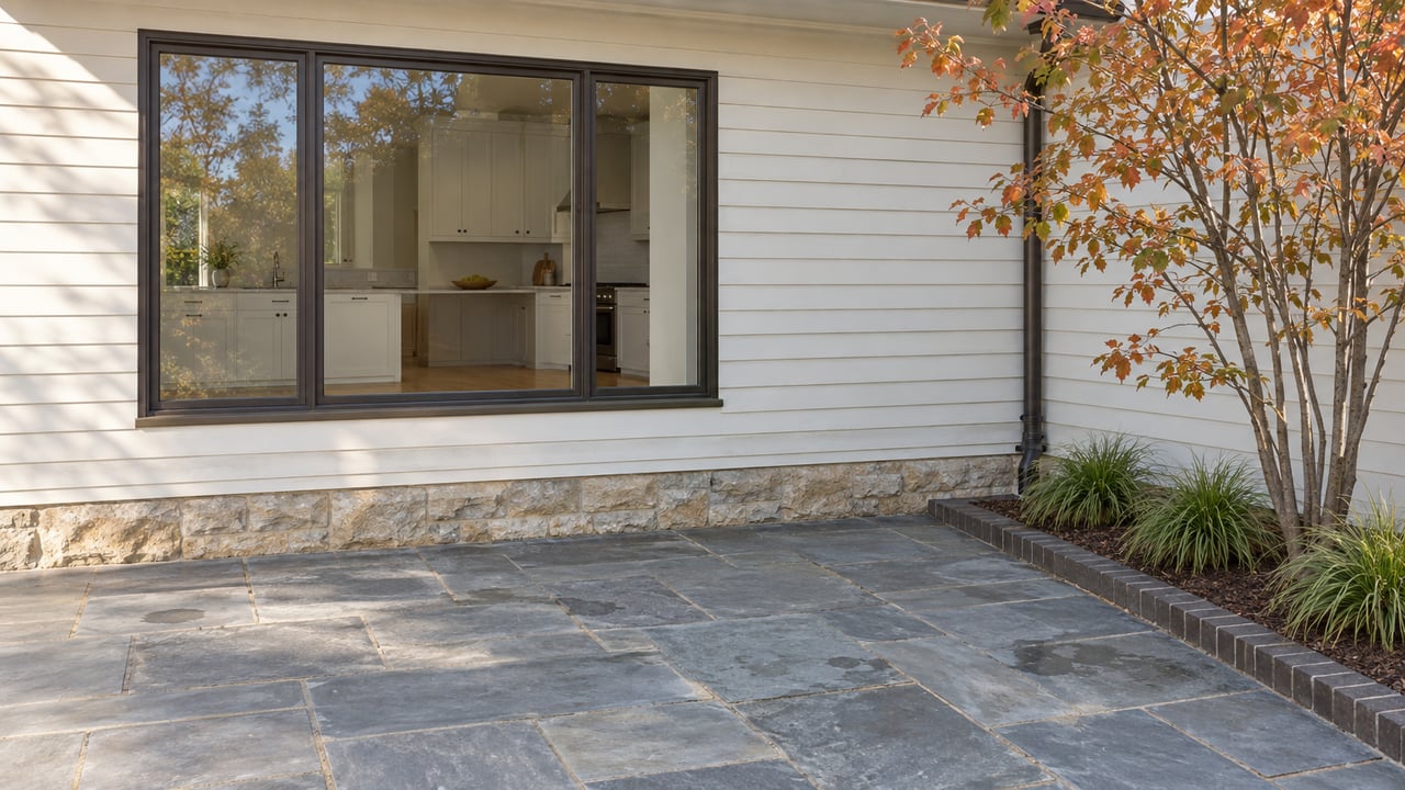 Bluestone terrace beside a warm-white clapboard wall, with a dark-framed window and copper-leaved Amelanchier.