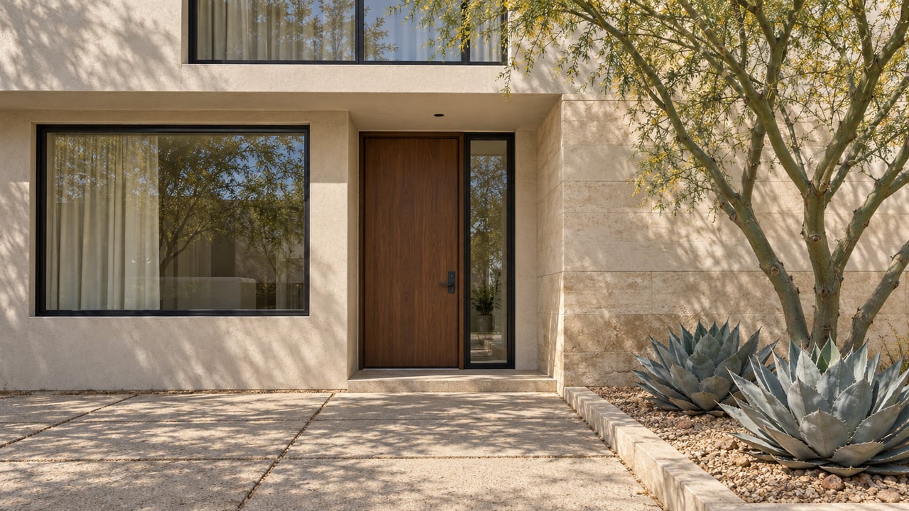 Sunlit ivory-stucco residence with black-framed windows, a recessed wood entrance, pale stone paving, and a blue palo verde beside two silver agaves.