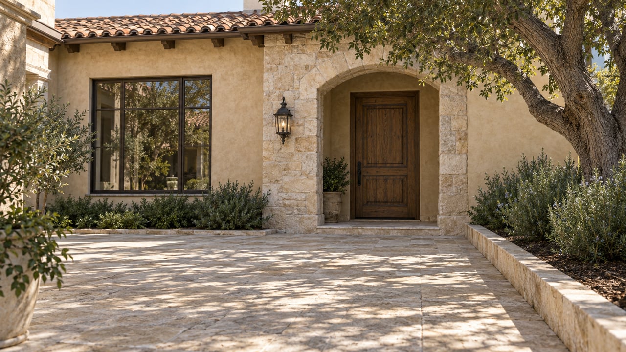 Sunlit stucco home with a clay-tile roof, arched oak front door, limestone courtyard and an oak-shaded planting bed.
