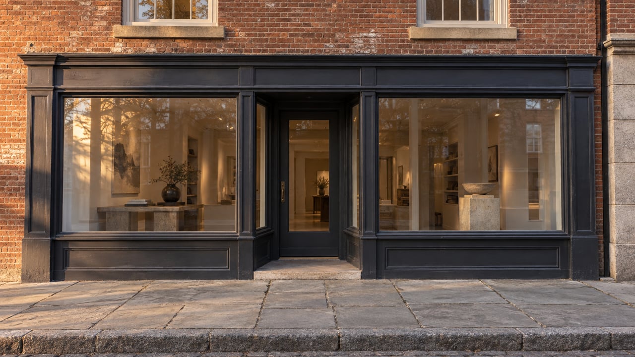 Historic brick storefront with a recessed glazed door, large display windows, and worn bluestone sidewalk.