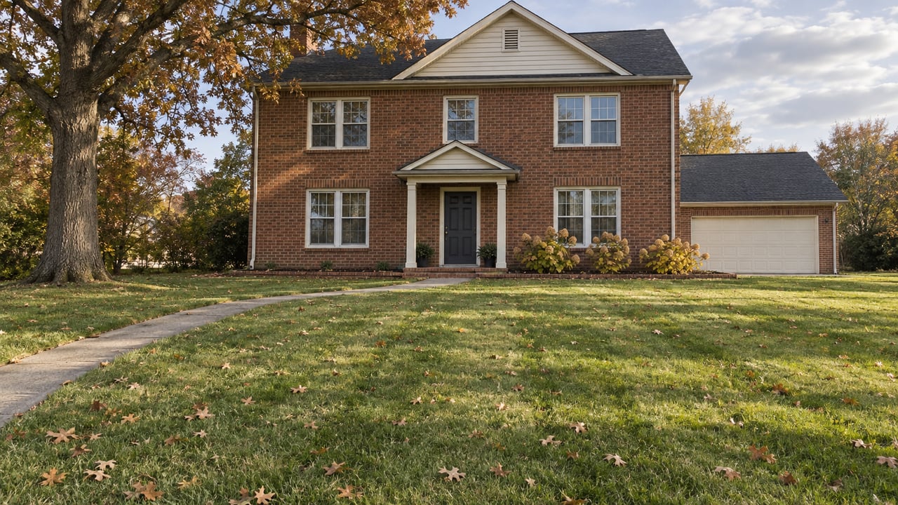 A two-story brick home beyond a broad autumn lawn, with white-framed windows, a charcoal entry door, and a mature oak beside the house.