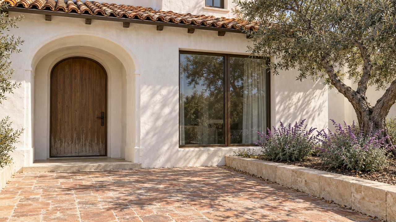 Sunlit plaster estate entrance with a terracotta roof, oak door, bronze-framed window, and olive tree beside a sandstone-edged planting bed.