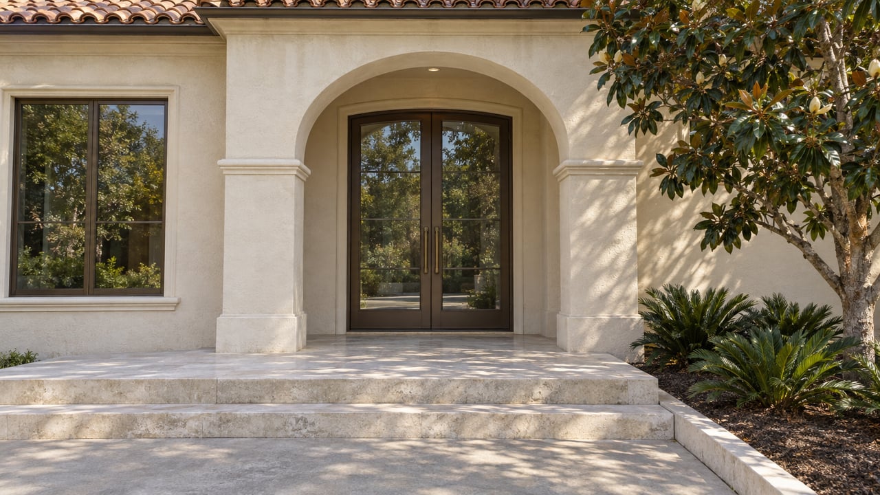 Ivory stucco arched entrance with bronze-framed glass doors, worn limestone steps, clay roof tiles, and a magnolia beside the approach.
