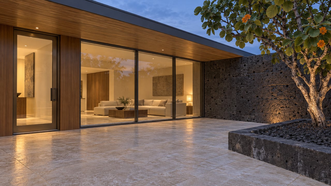 Blue-hour courtyard beside a low modern home, with warm glazed rooms, pale stone paving, basalt walls and an orange-flowering tree.