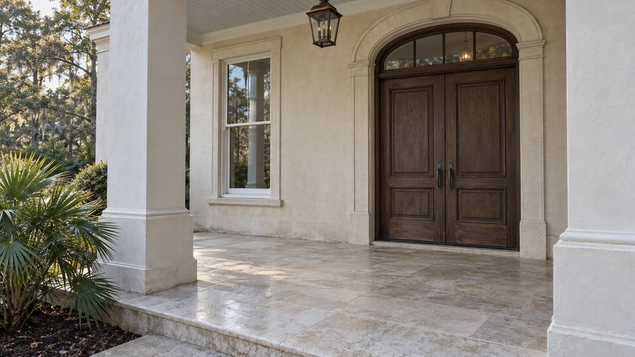 Cream masonry veranda with dark oak double doors, an arched transom, pale limestone paving and a fan-leaved palm beside the step.