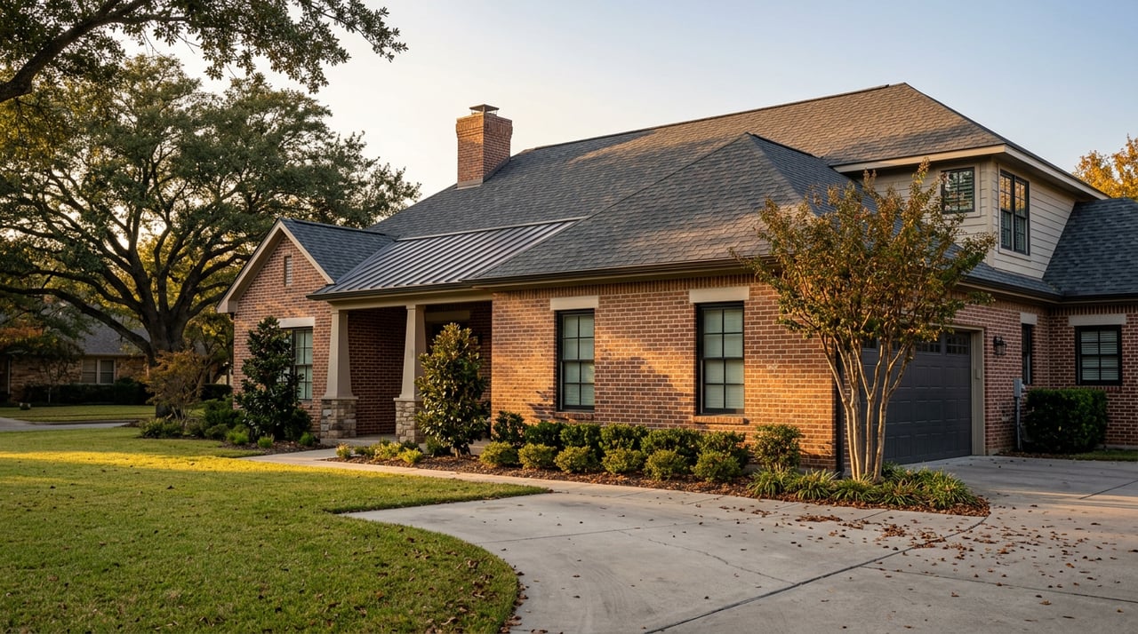 Two-story brick home with charcoal roofs, columned entry, closed garage, curved driveway, and oak canopy.