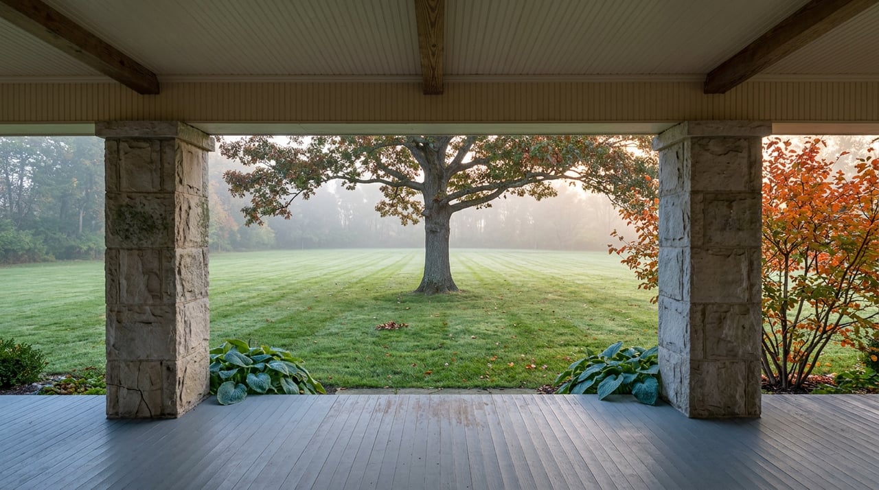 Covered porch frames a dew-damp lawn, bur oak, and mist-softened tree line in early morning light.