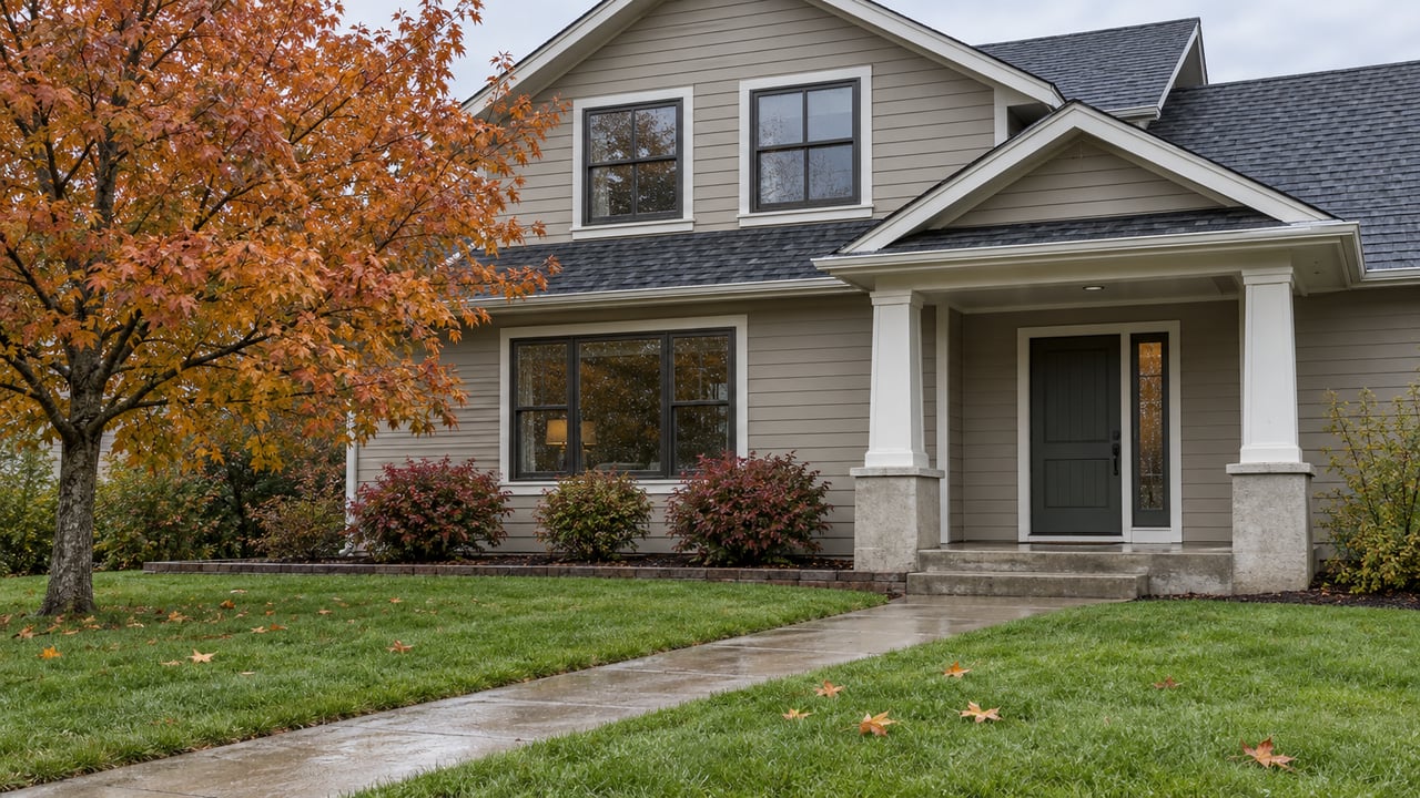 Taupe gabled house with a covered front porch, damp concrete walkway and broad autumn lawn beneath an orange-leaved maple.