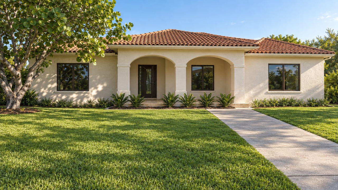 A light stucco home with terracotta roof tiles and an arched porch behind a deep green lawn, with a sculptural sea grape tree at one side.