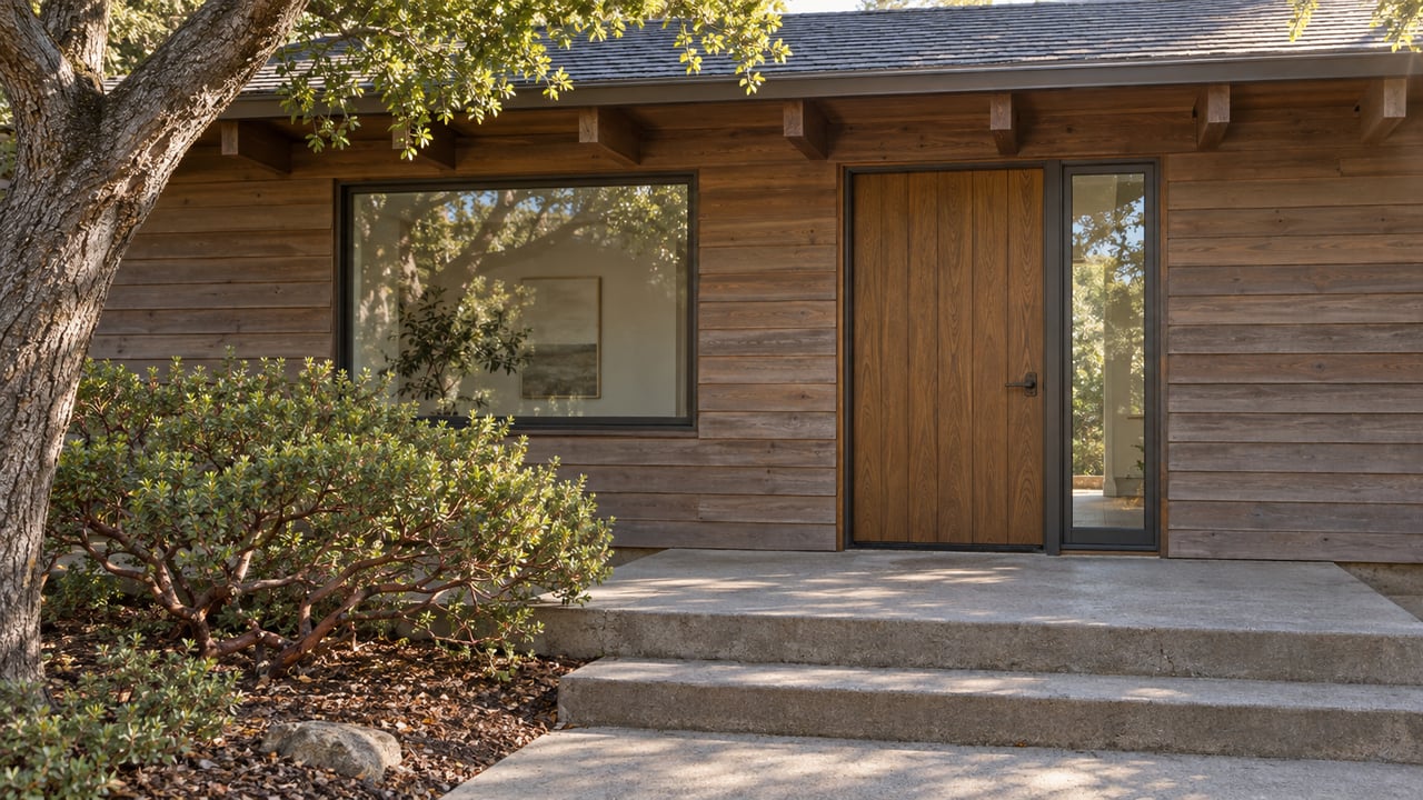Wood-sided home entry with a closed oak door, bronze-framed windows, broad concrete steps, and a sculptural manzanita beside a mature oak.