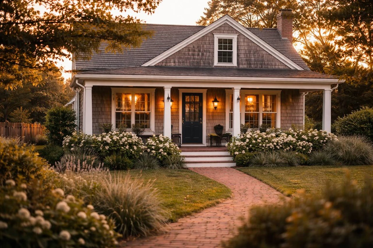 single story home in Peconic NY with cedar siding and white flowers in gardens around the front porch