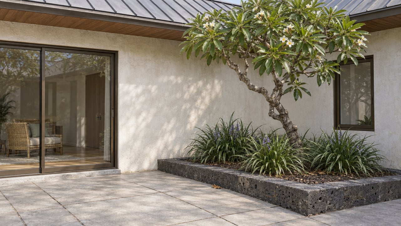 Pale stucco condo facade with bronze-framed windows, a plumeria tree, and a basalt-edged raised garden bed.