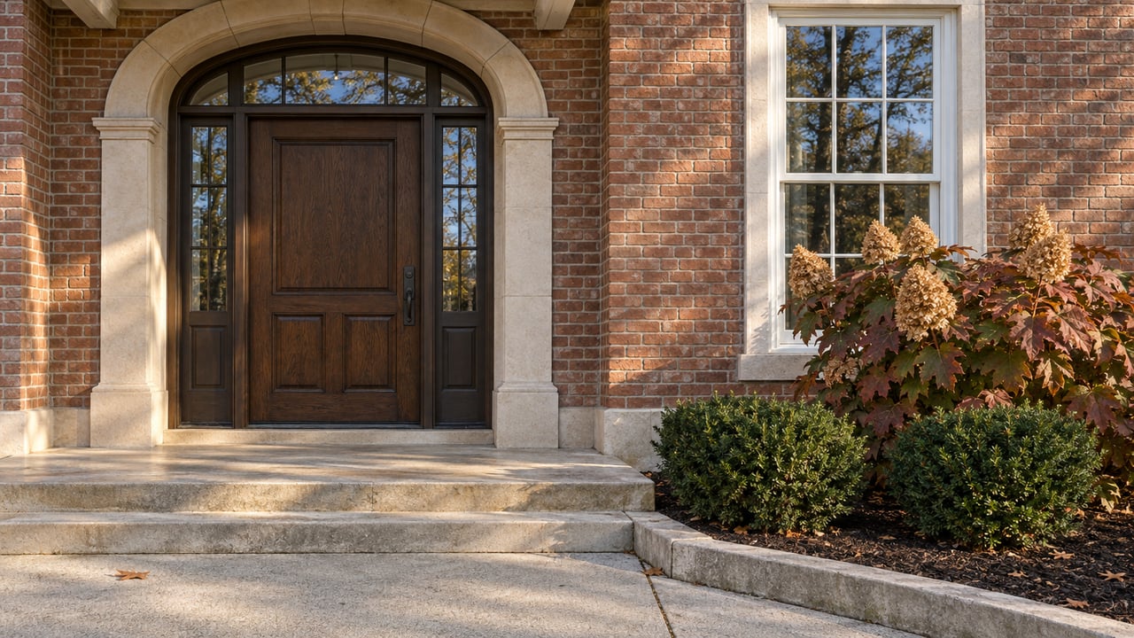 Brick home entrance with an oak door, limestone arch and steps, and bronze-red oakleaf hydrangea beside a white-framed window.