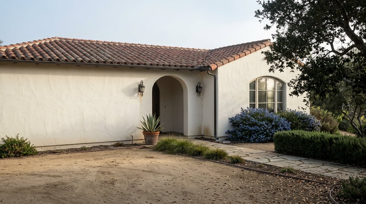 Spanish revival home with red clay roof tiles, arched entry, flagstone path, and blue-flowering shrubs.